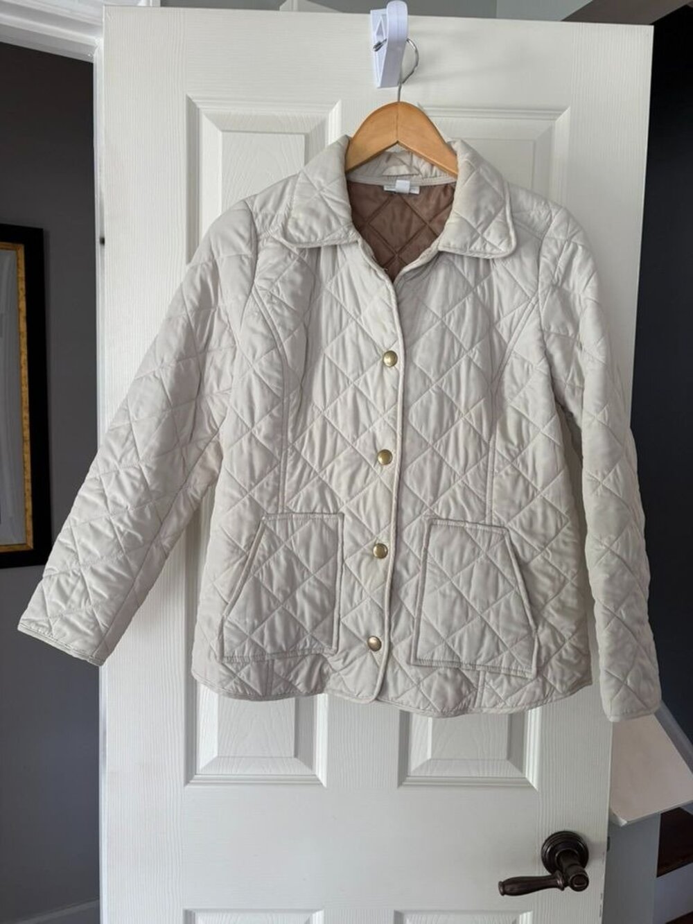 J Jill Heritage Quilted Jacket Womens Petite Small Ivory Cream Snap Front Coat